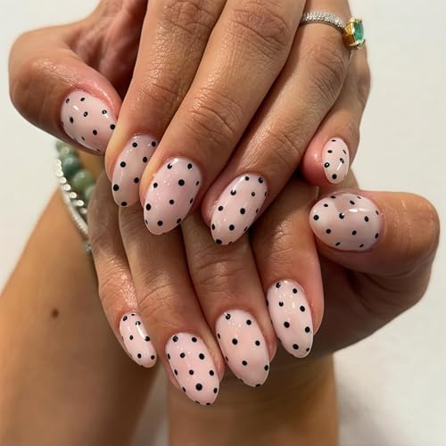 Auroriel 24 Pièces Moyen Ovale Pois Pression Ongles Rose Clair Pois Noirs Ongles Artificiels Plein Couverture Brillant Réutilisables Ongles Colles Pour Femmes Manucure