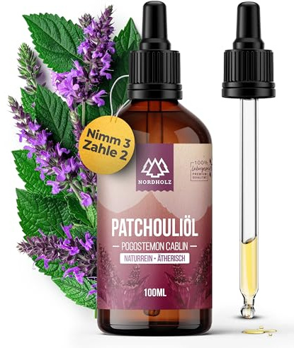 NORDHOLZ® Patchouliöl 100ml [100% naturrein] Erdend & würzig - Ätherische Öle in Pharmaqualität aus schonender Destillation - Vegan, Laborgeprüft - Duftöl für Sauna, Diffusor & Aromatherapie