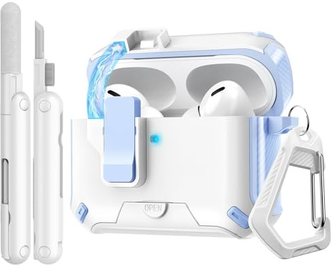TiMOVO Hülle für Airpods Pro 3 (2025) mit sicherem Verschlussclip,Blau+Weiß | Starker Sturzschutz Case für Apple AirPod Pro 3. Generation mit Kletterhaken und Reinigungsset