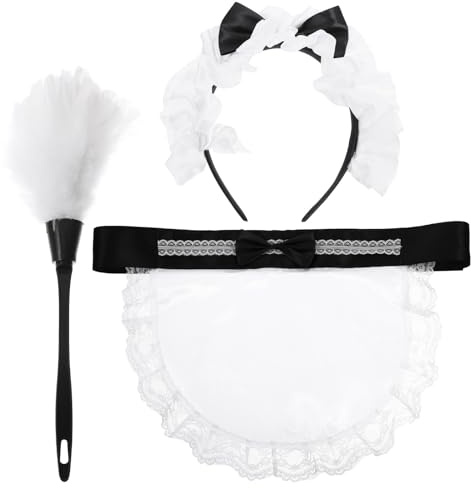 Set Accessori Costume Cameriera Halloween Grembiule Fascia Spolverino | Tessuto, Facile da Indossare e Togliere, Struttura Semplice, Plastica e Piume Artificiali, per Feste Tematiche