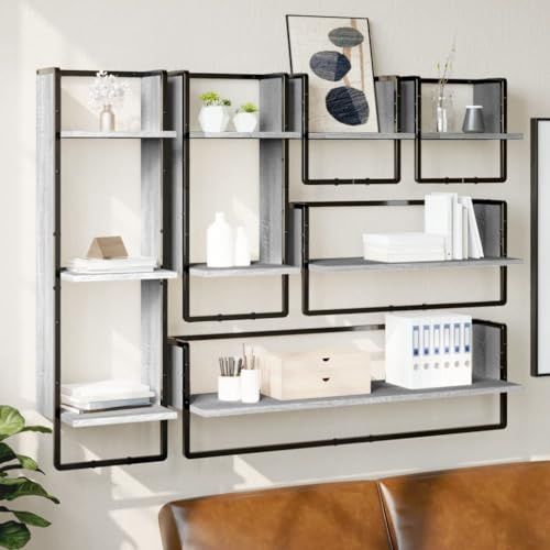 XHNIFBN 6-TLG. Wandregal Set Grau Sonoma Holzwerkstoff 30x25x65 bis 100 cm Modernes Design mit Metall-Stange Extra Stauraum für Wohnzimmer Flur Schlafzimmer Küche