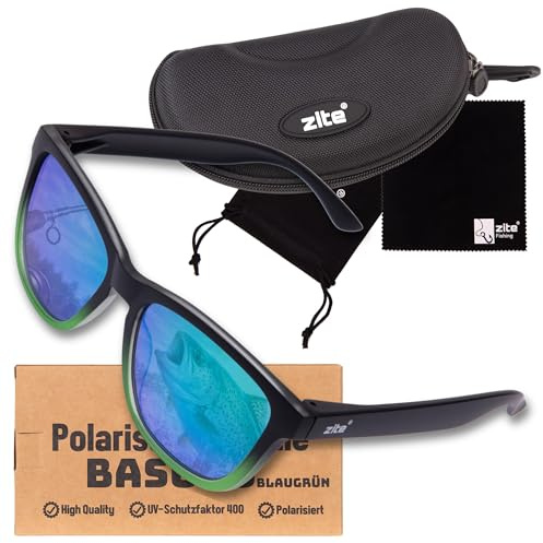Zite Fishing Polarisationsbrille | Basulo | Polbrille Angeln verspiegelt | UV400 | Ultraleichte Angelbrille mit Hardcase & Tasche, Angelbrille polarisiert zum Angeln