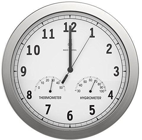 bonVIVO Timerider Radio Controlled Wall Clock – Silent, Non-Ticking, 12 Aluminium Wall Clock for Living Room, Kitchen, Office – Precision Quartz Clock with Thermometer & Hygrometer, Auto/Manual Set