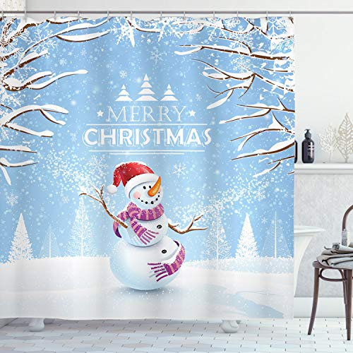 ABAKUHAUS Weihnachten Duschvorhang, Snowy-Winter-Noel, Stoffliches Gewebe Badezimmerdekorationsset mit Haken, 175 x 200 cm, Weiß Blau
