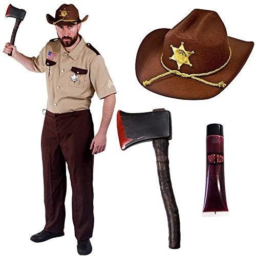 ZOMBIE HUNTER HALLOWEEN FANCY DRESS COSTUME HORROR CHARACTER DEAD SET SHERIFF + AXE + BLOOD (SMALL)