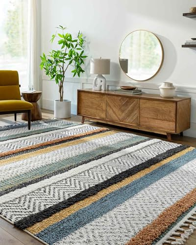 Livabliss Cascadena Akabli Shaggy Runner – 60x90 cm, Ivory, Mustard & Blue