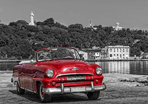 Forwall Fototapete Vlies Tapete Wanddeko Rotes Auto - Vintage Schwarz-Weiss Oldtimer Moderne Wanddekoration 11859VEXL 208cm x 146cm Schlafzimmer Wohnzimmer