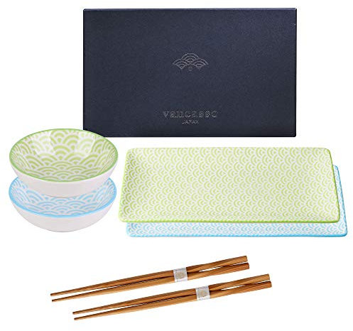 vancasso Sushi set, Vajillas de Sushi, 6PCS para 2 personas, con 2 Platos, 2 pares Palillos, 2 Platos Pequeños para Salsa