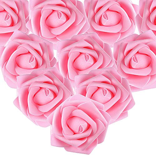 MEJOSER 50er Schaumrosen Künstliche Blumen Rosenköpfe Rosenblüten Foamrosen Brautstrauß DIY Party Hause Hochzeit Deko (Dunkel Rosa)