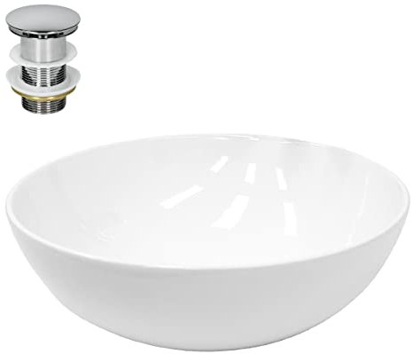 ECD Germany Waschbecken Waschtisch Ø 400 x 147 mm Keramik Rund Weiß inkl. Ablaufgarnitur für Waschbecken ohne Überlauf Aufsatzbecken Aufsatzwaschbecken Aufsatzwaschtisch Waschschale Spülbecken Becken