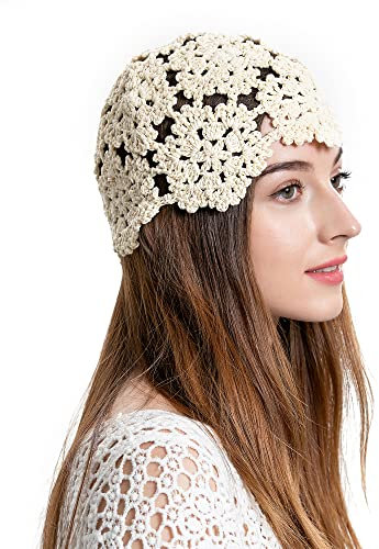 ZLYC Damen Cotton Crochet Skull Cap Beanie-Mütze, beige, One Size