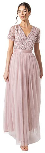 Maya Deluxe Women's Maxi for Women Ladies V-Neck Ball Gown Short Sleeves Long Elegant Empir Bridesmaid Dress, Frosted Pink, 6 UK