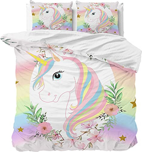 MUSOLEI Magic Unicorn Moon Flower Bedding Set Kids Duvet Cover and Pillowcase Green Blue Watercolor Mermaid Zipper Bed Cover Gift Single Souble Sing Superking (Pink, Double)