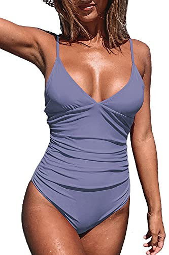 CUPSHE - Costume da bagno da donna a triangolo con scollo a V, a strisce, tinta unita, drappeggio sull’addome, viola., M