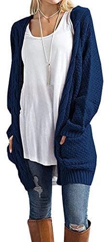 GRECERELLE Women's Long Cardigans Chunky Knit Boyfriend Jumpers Cardigan with Pockets Ladies Loose Long Sleeve Knitwear Oversized Sweater Cardigan for Autumn Winter Spring (Navy Blue, M)