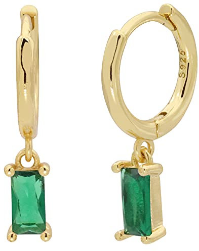 LIHELEI Damen Ohrringe Creolen mit Anhänger Baguette, 925 Sterling Silber Golden Ohrringe mit Smaragd Zirkonia, Hypoallergen Huggies Creolen- Golden Smaragd