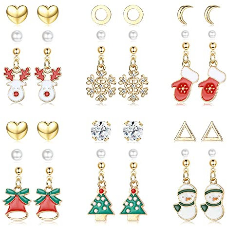 LOLIAS 18 Paires de Boucles D'oreilles de Noël pour Femmes - Bonhomme de Neige, Père Noël, Renne, Flocon de Neige, Arbre - Cadeau de Vacances