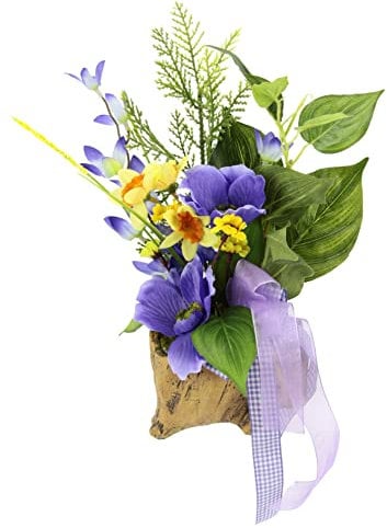 Gesteck aus künstlichen Narzissen Anemonen und Beiwerk im Topf in Holzoptik Künstliches Unechte Gefälschte Deko Kunstblumen Osterdeko Frühjahrsdekoration Tischdeko Frühjahr Floristik Blumendeko