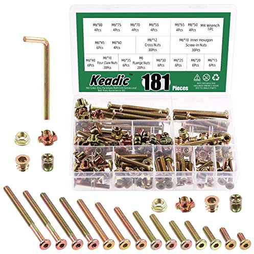 Keadic 181 piezas M6 chapado en zinc tornillo de muebles kit de repuesto contiene pernos de tapa hexagonal, tuercas de barril, tuercas de rosca de madera, camas, mesa cuna