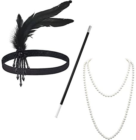 MIVAIUN 1920er Stirnband 3 Stück Set - Kostüm Accessoires Mit Perlen Halskette, Gatsby Kopfbedeckung, 20er Flapper Feder Haarband