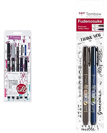Tombow LS-BEG Lettering Set Beginner 5 Stifte mit Radierer, inklusive Anleitung, 6-teiliges Set & WS-BHS-2P Brush Pen Fudenosuke je 1 x mit Harter und weicher Spitze