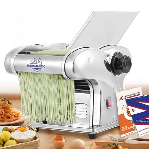 Moongiantgo Macchina per la Pasta Fresca Elettrica Tirapasta Elettrico Acciaio Inox con Lame da 1,5mm, 4mm e 9mm, 9 Grado di Spessore Regolabile 0,3-3mm per Fettuccine, Tagliolini, Spaghetti, Ravioli