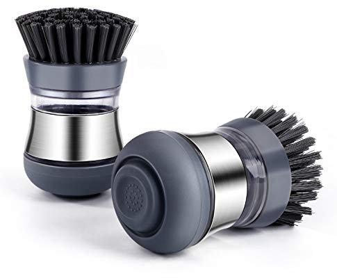 Generisch Brosse à vaisselle avec distributeur de liquide vaisselle, poignée en acier inoxydable, tête de brosse en nylon, blanche, 6 cm x 6 cm x 6 cm, 95 g, pour surfaces antiadhésives, cuisine,