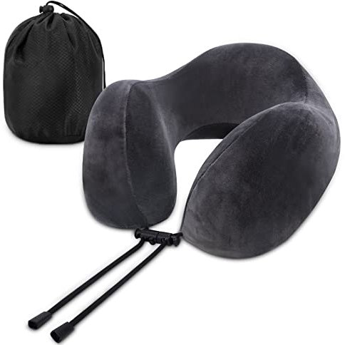 Cloudgree Travel Pillow, Best Memory Foam Neck Pillow Airplane Pillow with Storage Bag Traveling Pillow for Sleeping Rest on Airplane, Car, Train and at Office and Home Use (Dark Grey)