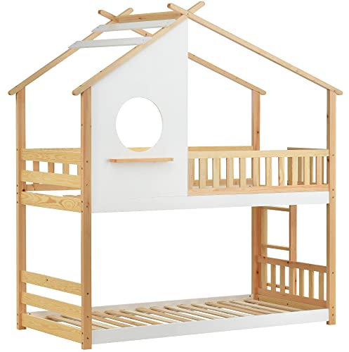 kubeier Kinderbett Baumhaus mit Barriere und Rausfallschutz 90 x 200 cm, Hochbett für Kinder–Etagenbettrahmen, Spielbett, Jugendbett, Etagenbett mit Rechtwinkliger Leiter, ohne Matratze