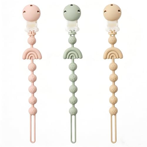 Baby Pacifier Clips One Piece Binky Clip Holder Silicone Teether Clip Pacifier Straps with Clip Baby Teether Toys for Boys and Girls Set of 3 Andy Bear-Ivory+Sage+Blush