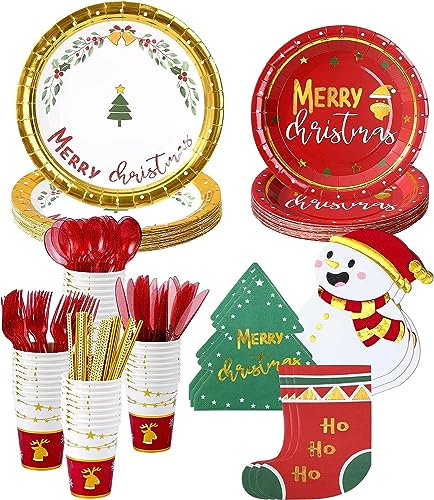 LATERN 128 Pièces Vaisselle de Fête en Papier de Noël, 16 x Assiettes à Dîner & Assiettes à Salade, 16 x 270ml Tasses, 16 x Serviettes, 16 x Couteau, Fourchette, Cuillère et Pailles Réutilisables
