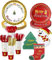 LATERN 128 Pièces Vaisselle de Fête en Papier de Noël, 16 x Assiettes à Dîner & Assiettes à Salade, 16 x 270ml Tasses, 16 x Serviettes, 16 x Couteau, Fourchette, Cuillère et Pailles Réutilisables