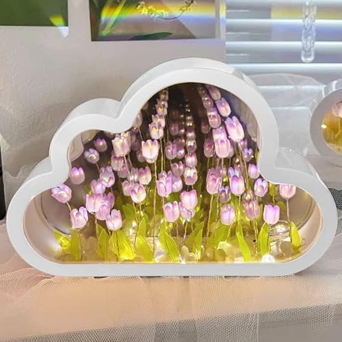 Funmo Tulip Cloud Lamp Tulpen Lampe Wolke Tulpenspiegel Nachtlicht Diy Led Tulpen-Nachtlicht Wolkenlampe 2 In1Blumen-Tischlampe Und Spiegel-Blumenlampe Für Mädchen Paare Heimdekoration (A)