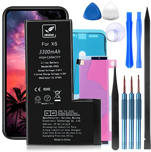 cDraFixit Batteria per iPhone XS 3300 mAh, batteria di ricambio ad alta capacità, con kit completo di strumenti di riparazione per iPhone XS, alta potenza