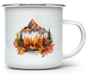 MAXIKIWI - Tazza da campeggio smaltata resistente per caffè o tè per uso interno ed esterno - Acquerello autunnale di montagna - 350 ml
