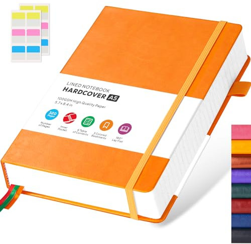 FOCUS DAY Notizbuch A5 Liniert, Tagebuch für Erwachsene, Hardcover 320 Seiten Dickes Journal Notizblock für Reisen, Arbeit, Schreiben, Lernen, 14 x 21 cm, Kunstleder, Orange Gelb