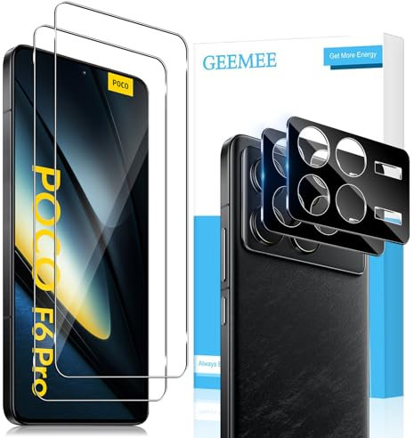 GEEMEE Protector de Pantalla para Xiaomi Poco F6 Pro, 2+2 Piezas Cristal Templado y Protector de Lente de Cámara (Negro), 9H Dureza HD Anti-Arañazos Sin Burbujas