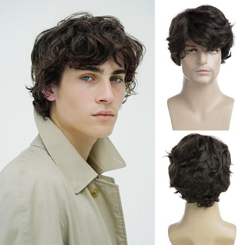 Dsimeig Männer Kurze Braune Perücke Synthetisch Schichtes Handsome Wellige Cosplay Halloween Ersatz Haar