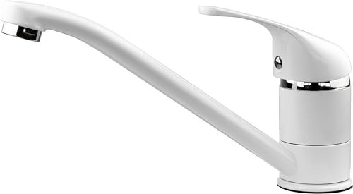 Xcel Home Robinets de cuisine ronds blancs | Monobloc à levier supérieur pivotant à bec long avec tuyaux et raccords standard | Robinets de cuisine peu encombrants parfaits pour les éviers de cuisine
