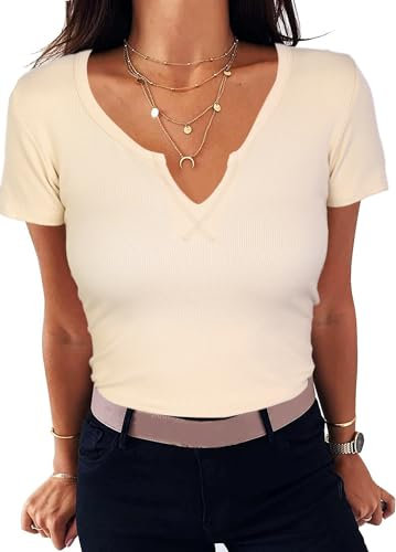 Aottori T-Shirt Donna Estivo Manica Corta Maglietta a Coste con Scollo a V Basic Shirt Aderente Elasticizzato Top Sexy Albicocca S