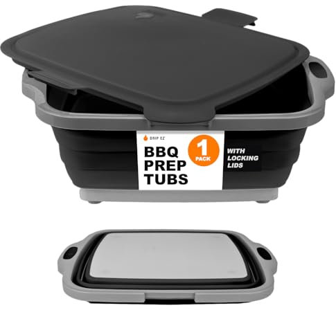Drip EZ Tina plegable para preparación de barbacoa (V2) – para almacenamiento de alimentos marinados – Incluye tabla de cortar y tapa de bloqueo – (1) JR – Negro