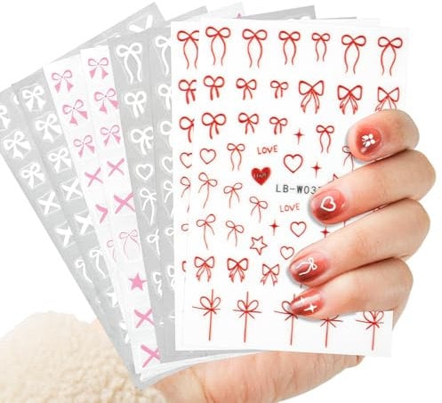 8 Sheets Cute Bow Nail Stickers, 3D Embossed Ribbon Nail Stickers Y2K Heart Cross Star Nail Decals Bowknot Sticker for Nail Design Women Nail Decor Accessories