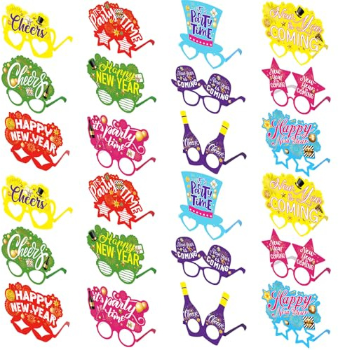 Suilung 24er Pack Happy New Year Brillen 2025 Silvester Zubehör Neuartige Papier Brillen Schick Glitzer Dekorative Sonnenbrillen Foto Requisiten Brillen Happy New Year Deko Gastgeschenke(Bunt)