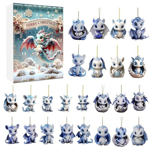 Flkiglm Weihnachten Drachen Adventskalender 2024, 2D-Acryl-Anhänger Drachen Adventskalender für Kinder, Niedlicher Drachen Adventskalender 2024, Weihnachten Adventskalender