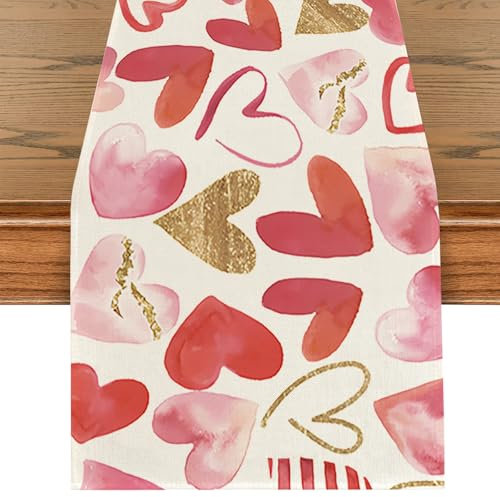 Liebe Herz Fröhlichen Valentinstag Tischläufer, Rot Herzform Tischdecke, Küche Wohnzimmer Waschbar Esstisch Deko für Hochzeit Verlobung Jubiläum Romantik Valentinstag Party Dekoration 40 x 100 cm