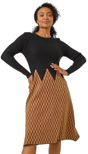 Roman Petite Contrast Knit Dress for Women UK - Ladies Everyday Autumn Winter Round Neckline Comfy Soft Evening Vacation Work Party Night Out - Petite Rust - Size 16