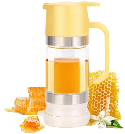 Gugxiom Glass Honey Dispenser Pot, Honey Dispenser, No Drip 9 OZ Honey Jar with Handle, Clear Glass Honey Pot, Syrup Dispenser for Coffee or Tea, Ideal for Honey and Syrup (yellow)