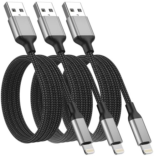 Lot de 3 câbles USB A vers Lightning de 1 m - Certifié MFi - En nylon tressé - Pour Apple iPhone 14, 13, 12, 11, 8, 7, 6 Plus, SE, iPad, noir
