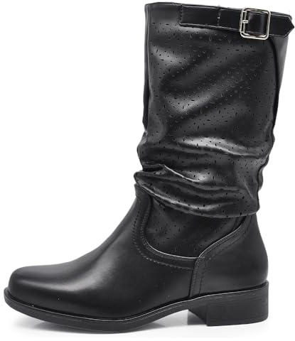 IF Fashion Stivali Stivaletti da Donna Biker Motociclista Traforati Primaverili Estivi Con Fibbia YL205 nero N.36