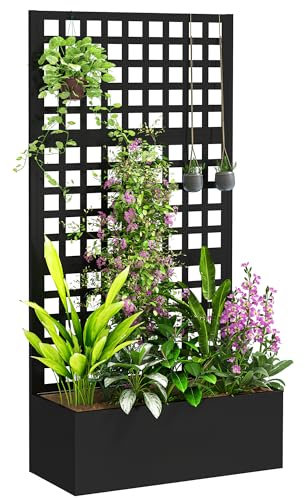 Outsunny Jardinière avec Treillis, Brise-Vue, lit surélevé de Jardin, jardinière extérieure en Acier galvanisée, pour Plantes grimpantes, bac à Fleurs pour Balcon terrasse Patio, 89x40x178cm, Noir